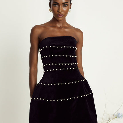 Claire Black Velvet Mini Dress with Faux Pearl Corset