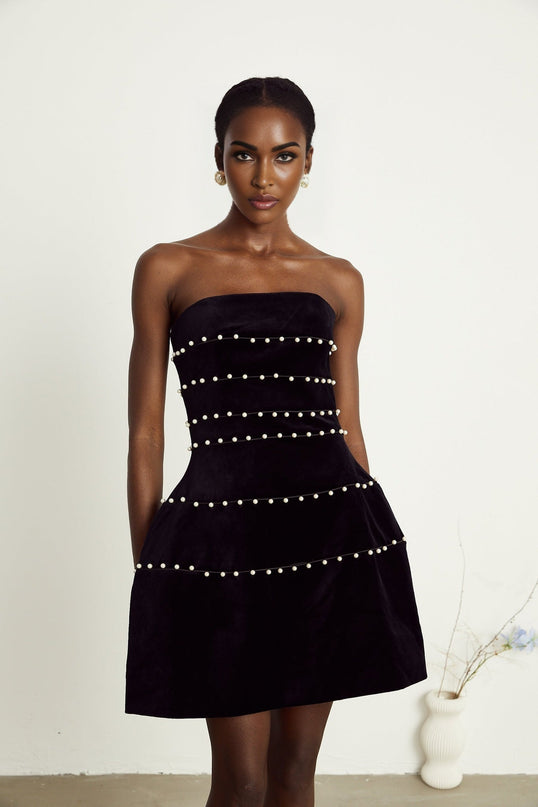 Claire Black Velvet Mini Dress with Faux Pearl Corset