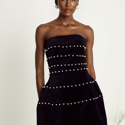 Claire Black Velvet Mini Dress with Faux Pearl Corset