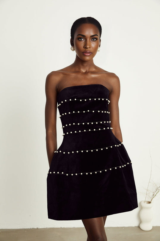 Claire Black Velvet Mini Dress with Faux Pearl Corset