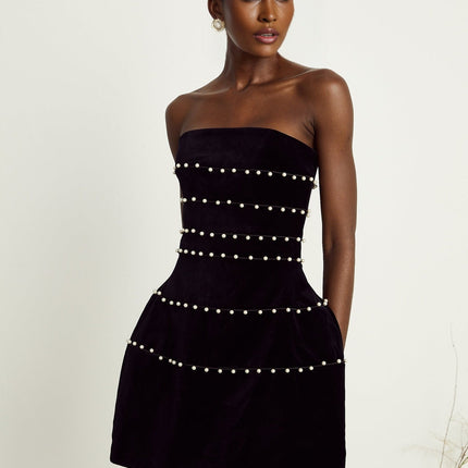 Claire Black Velvet Pearl Corset Mini Dress