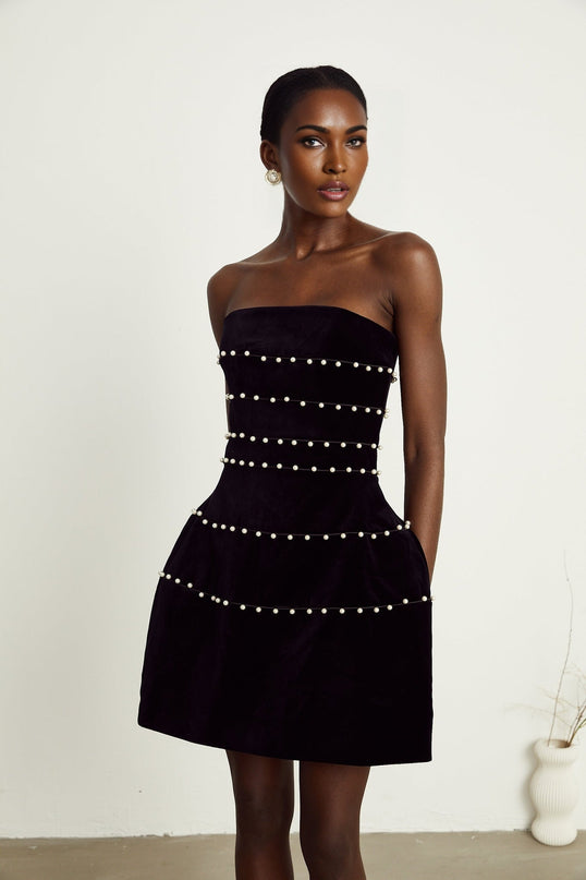 Claire Black Velvet Pearl Corset Mini Dress