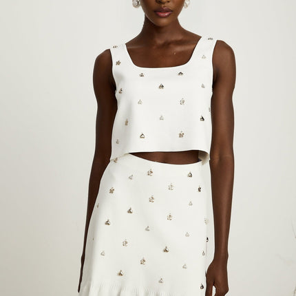 Claire White Knitted Skirt Top Set Recycled Viscose Nylon Silver Hardware