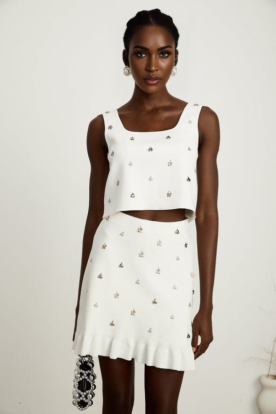 Claire White Knitted Skirt Top Set Recycled Viscose Nylon Silver Hardware