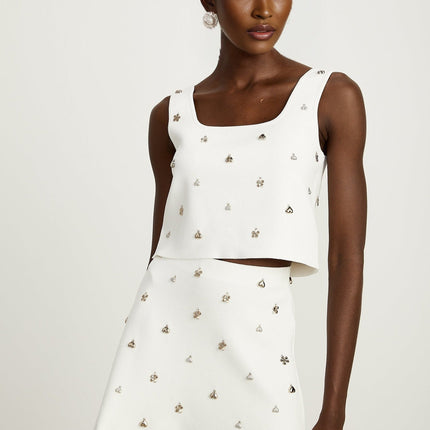Claire White Knitted Skirt Top Set Ruffled Hem Silver Tone Hardware