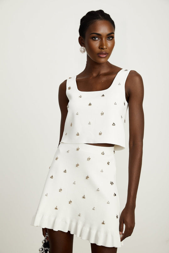 Claire White Knitted Skirt Top Set Ruffled Hem Silver Tone Hardware