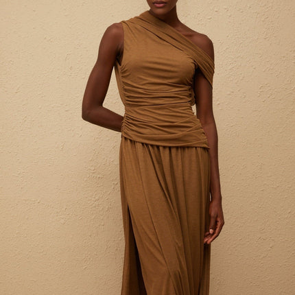 Clara Brown One-Shoulder Maxi Dress Ruched Detailing Asymmetrical Hem Stretch Fabric Side Zip Fastening Luxurious Terylene Fiber Spandex Elegant Glamour Avant-Garde Charm Captivating Presence Style Comfort Statement Piece Day Evening Affairs