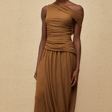 Clara Brown One-Shoulder Maxi Dress Ruched Detailing Asymmetrical Hem Side Zip Fastening