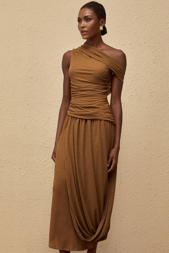 Clara Brown One-Shoulder Maxi Dress Ruched Detailing Asymmetrical Hem Side Zip Fastening