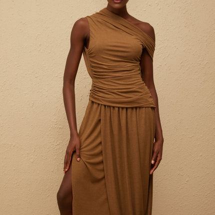 Clara Brown One-Shoulder Maxi Dress Ruched Detailing Asymmetrical Hem Stretch Fabric Avant-Garde Charm Side Zip Fastening Luxurious Terylene Fiber Spandex Statement Piece