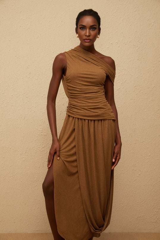 Clara Brown One-Shoulder Maxi Dress Ruched Detailing Asymmetrical Hem Stretch Fabric Avant-Garde Charm Side Zip Fastening Luxurious Terylene Fiber Spandex Statement Piece