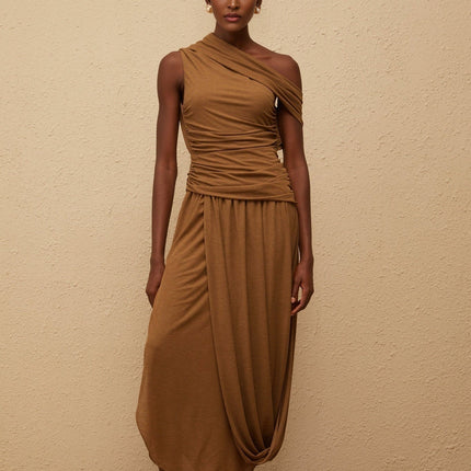 Clara Brown One-Shoulder Maxi Dress Ruched Detailing Asymmetrical Hem