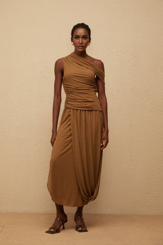 Clara Brown One-Shoulder Maxi Dress Ruched Detailing Asymmetrical Hem