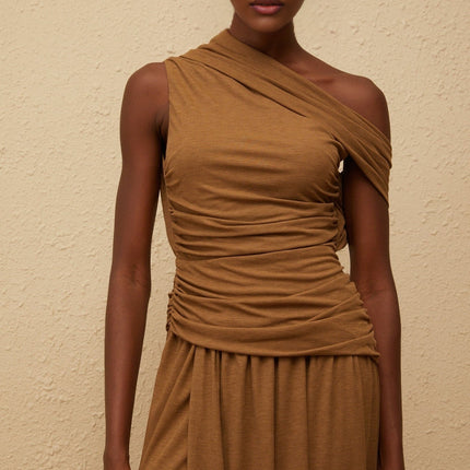 Clara Brown One-Shoulder Maxi Dress Ruched Detailing Asymmetrical Hem Stretch Fabric Avant-Garde Charm Side Zip Fastening Luxurious Terylene Spandex Blend Statement Piece