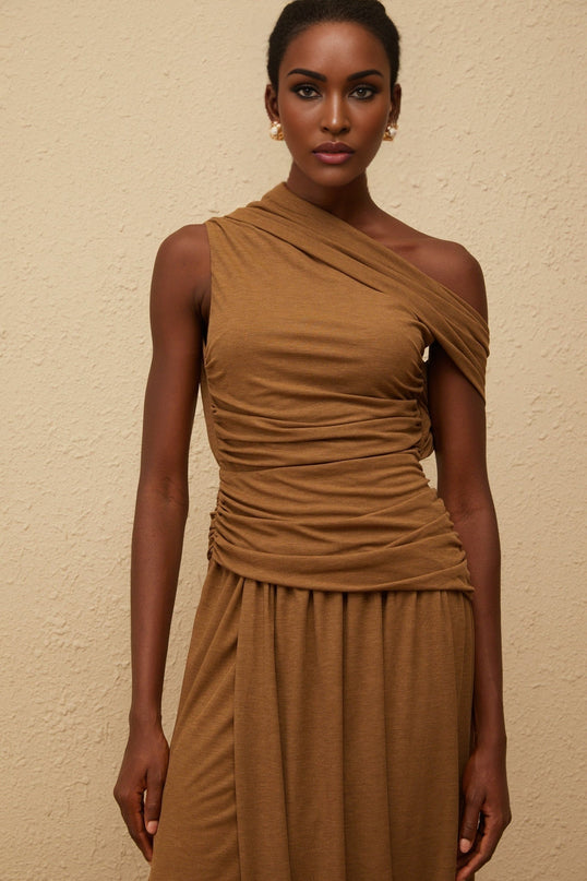 Clara Brown One-Shoulder Maxi Dress Ruched Detailing Asymmetrical Hem Stretch Fabric Avant-Garde Charm Side Zip Fastening Luxurious Terylene Spandex Blend Statement Piece