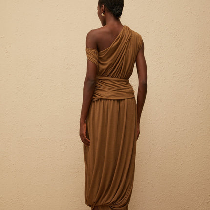 Clara Brown One-Shoulder Maxi Dress Ruched Detailing Asymmetrical Hem Stretch Fabric Avant-Garde Charm Side Zip Fastening Luxurious Terylene Fiber Spandex