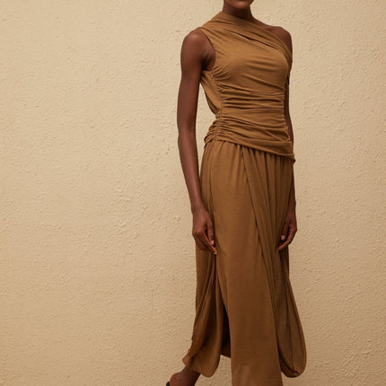Clara Brown One Shoulder Maxi Dress with Ruched Detailing and Asymmetrical Hem in Luxurious Terylene Fiber and Spandex Blend for Women
