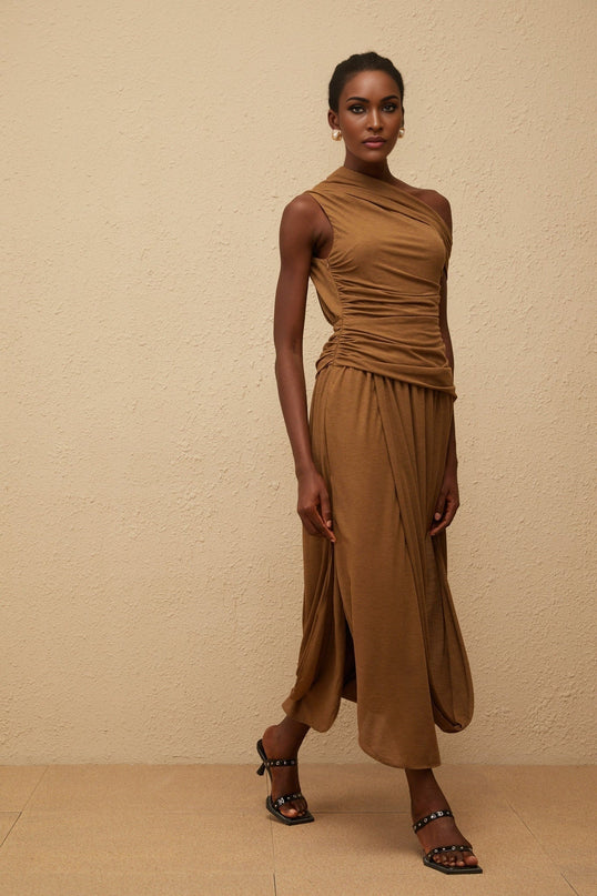 Clara Brown One Shoulder Maxi Dress with Ruched Detailing and Asymmetrical Hem in Luxurious Terylene Fiber and Spandex Blend for Women