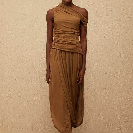 Clara Brown One-Shoulder Maxi Dress Ruched Detailing Asymmetrical Hem Stretch Fabric Avant-Garde Charm Side Zip Fastening Luxurious Terylene Fiber Spandex Statement Piece Day Evening Affairs