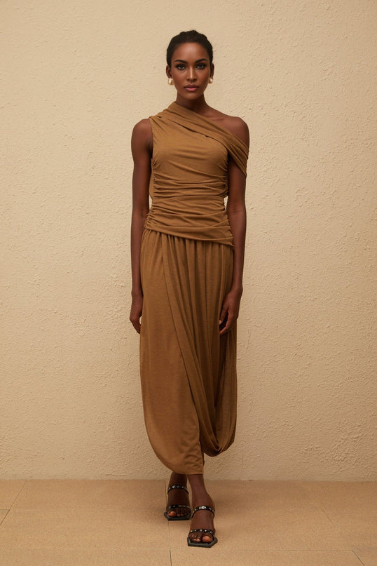Clara Brown One-Shoulder Maxi Dress Ruched Detailing Asymmetrical Hem Stretch Fabric Avant-Garde Charm Side Zip Fastening Luxurious Terylene Fiber Spandex Statement Piece Day Evening Affairs