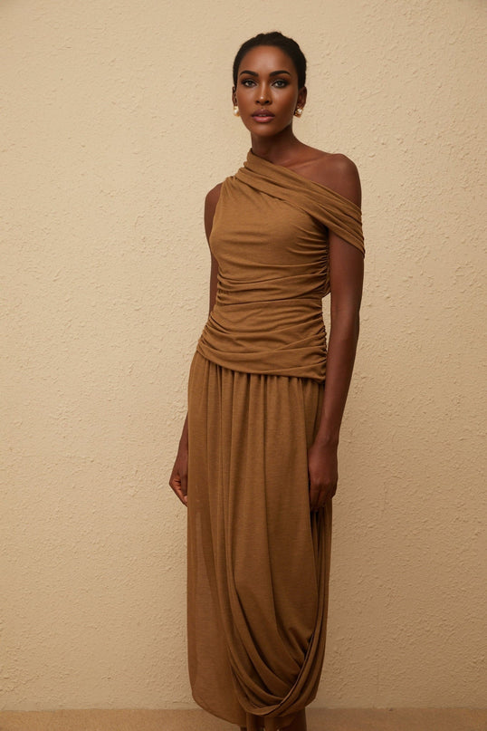 Clara Brown One-Shoulder Maxi Dress Ruched Detailing Asymmetrical Hem Avant-Garde Charm Side Zip Fastening Luxurious Terylene Fiber Spandex Statement Piece