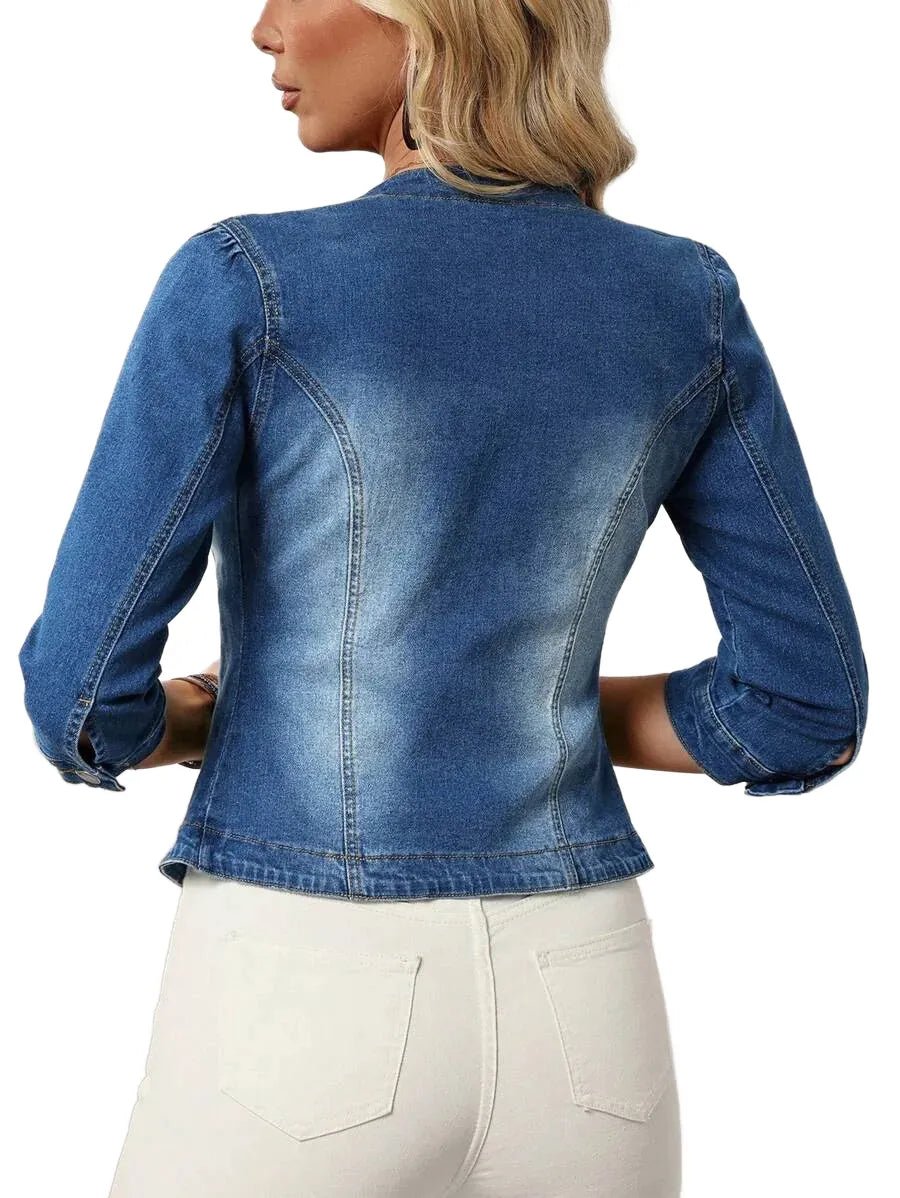 Clara Cropped Denim Jacket with Classic Fit in Blue - XS