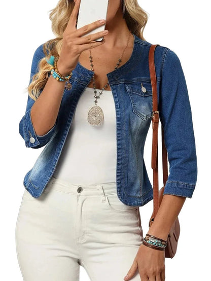 Clara Cropped Denim Jacket with Classic Fit in Blue - XS