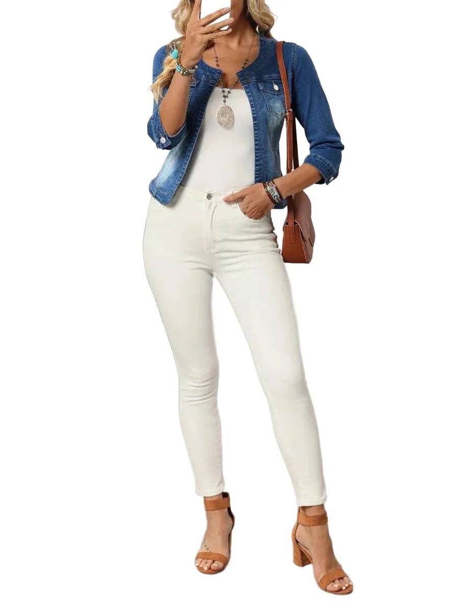 Clara Cropped Denim Jacket with Classic Fit in Blue - XS
