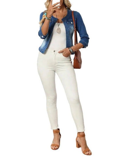 Clara Cropped Denim Jacket with Classic Fit in Blue - XS