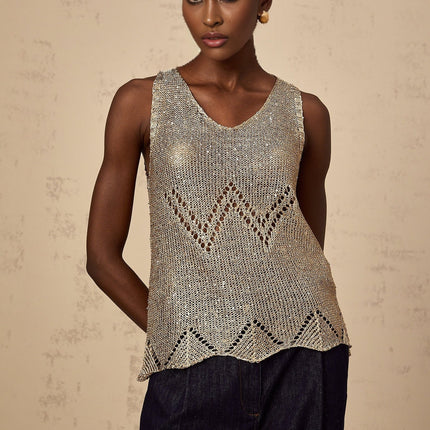 Clara Gold Crochet Knit Sleeveless Vest Top with Sequin Embellishment