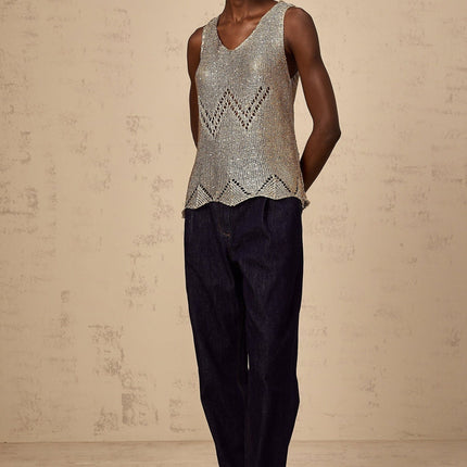 Clara Gold Crochet Knit Vest Top with Sequin Embellishment