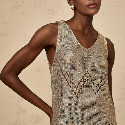 Clara Gold Crochet Knit Vest Top with Sequin Embellishment