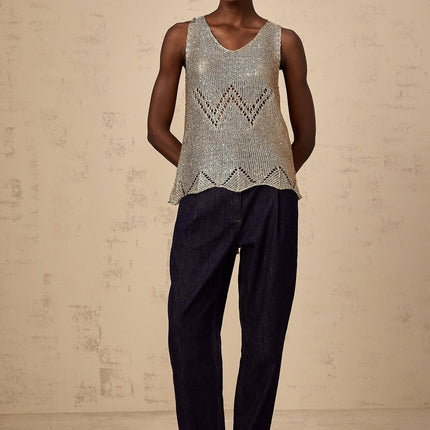Clara Gold Crochet Knit Vest Top with Sequin Embellishment