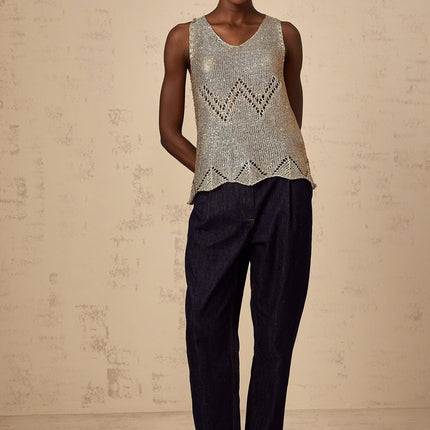 Clara Gold Crochet Knit Vest Top with Sequin Embellishment