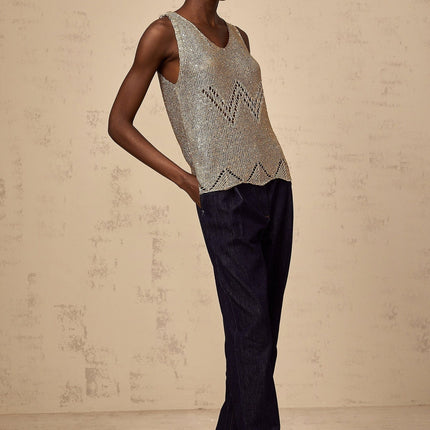 Clara Gold Crochet Knit Vest Top with Sequin Embellishment