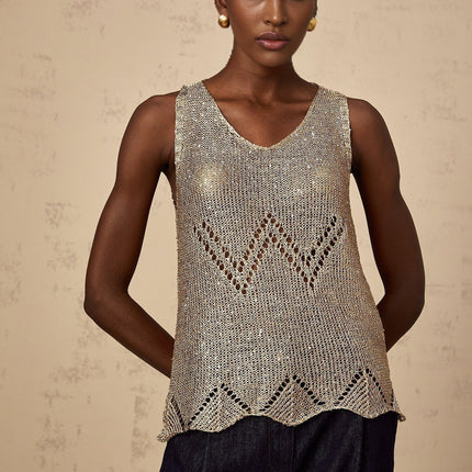 Clara Gold Crochet Knit Vest Top with Sequin Embellishment