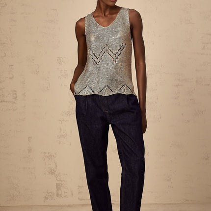 Clara Gold Crochet Knit Vest Top with Sequin Embellishment
