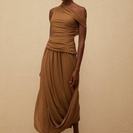 Clara Maxi Dress in Rich Brown One-Shoulder Ruched Asymmetrical Hem Stretch Fabric Avant-Garde Charm Side Zip Fastening Luxurious Terylene Spandex Blend Statement Piece Day Evening Wear