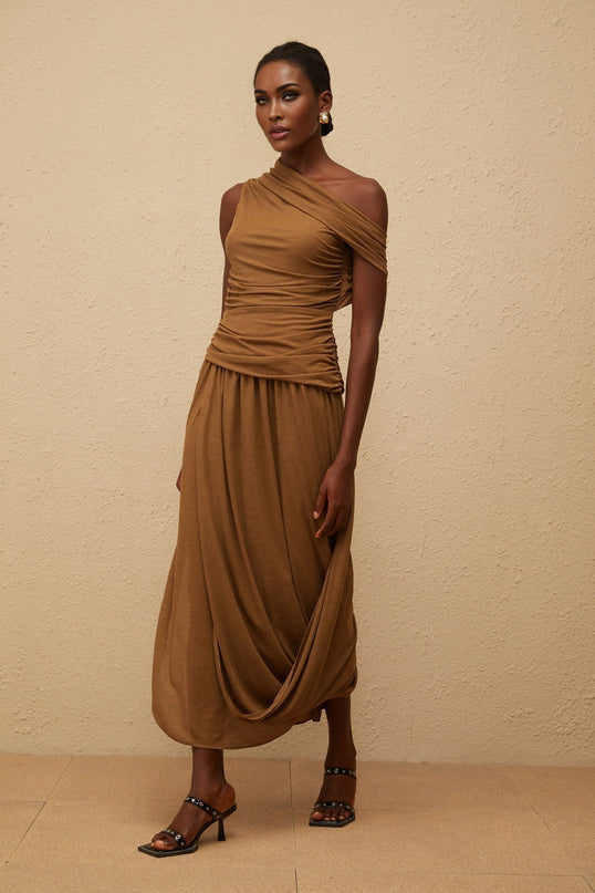 Clara Maxi Dress in Rich Brown One-Shoulder Ruched Asymmetrical Hem Stretch Fabric Avant-Garde Charm Side Zip Fastening Luxurious Terylene Spandex Blend Statement Piece Day Evening Wear