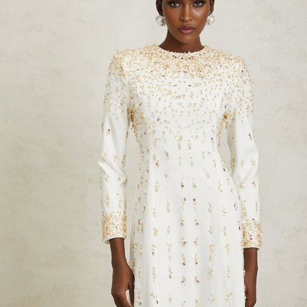 Clara Maxi Dress in White with Sequin, Faux-Pearl, and Crystal Embellishments