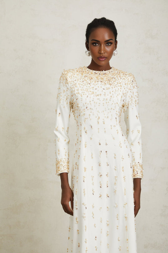 Clara Maxi Dress in White with Sequin, Faux-Pearl, and Crystal Embellishments