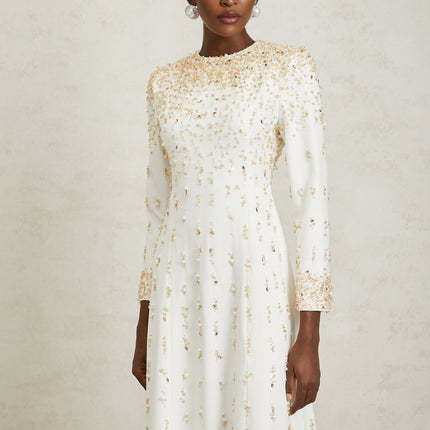 Clara Maxi Dress in White with Sequin, Faux-Pearl, and Crystal Embellishments