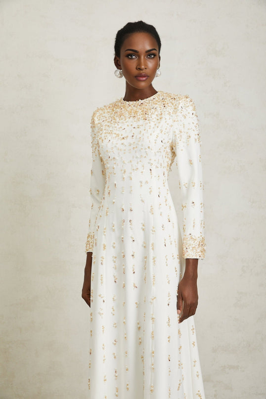Clara Maxi Dress in White with Sequin, Faux-Pearl, and Crystal Embellishments