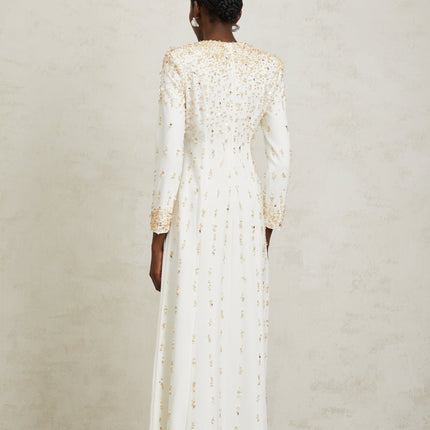 Clara Maxi Dress in White with Sequin, Faux-Pearl, and Crystal Embellishments