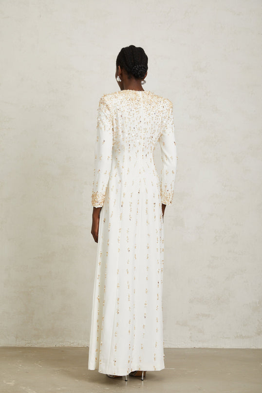 Clara Maxi Dress in White with Sequin, Faux-Pearl, and Crystal Embellishments