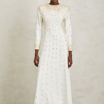 Clara Maxi Dress in White with Sequin, Faux-Pearl, and Crystal Embellishments