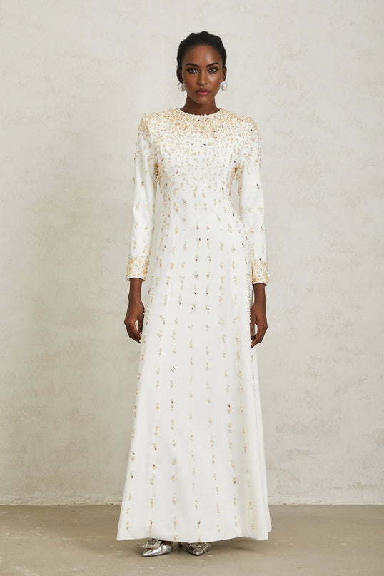 Clara Maxi Dress in White with Sequin, Faux-Pearl, and Crystal Embellishments