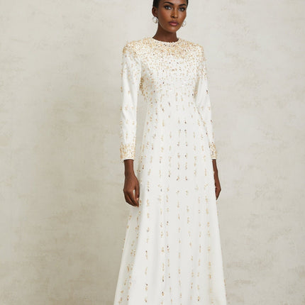 Clara Maxi Dress in White with sequin, faux-pearl, and crystal embellishments