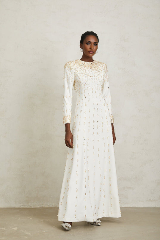 Clara Maxi Dress in White with sequin, faux-pearl, and crystal embellishments