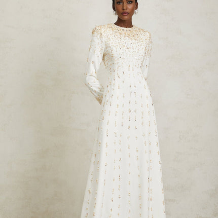 Clara Maxi Dress in White with sequin, faux-pearl, and crystal embellishments